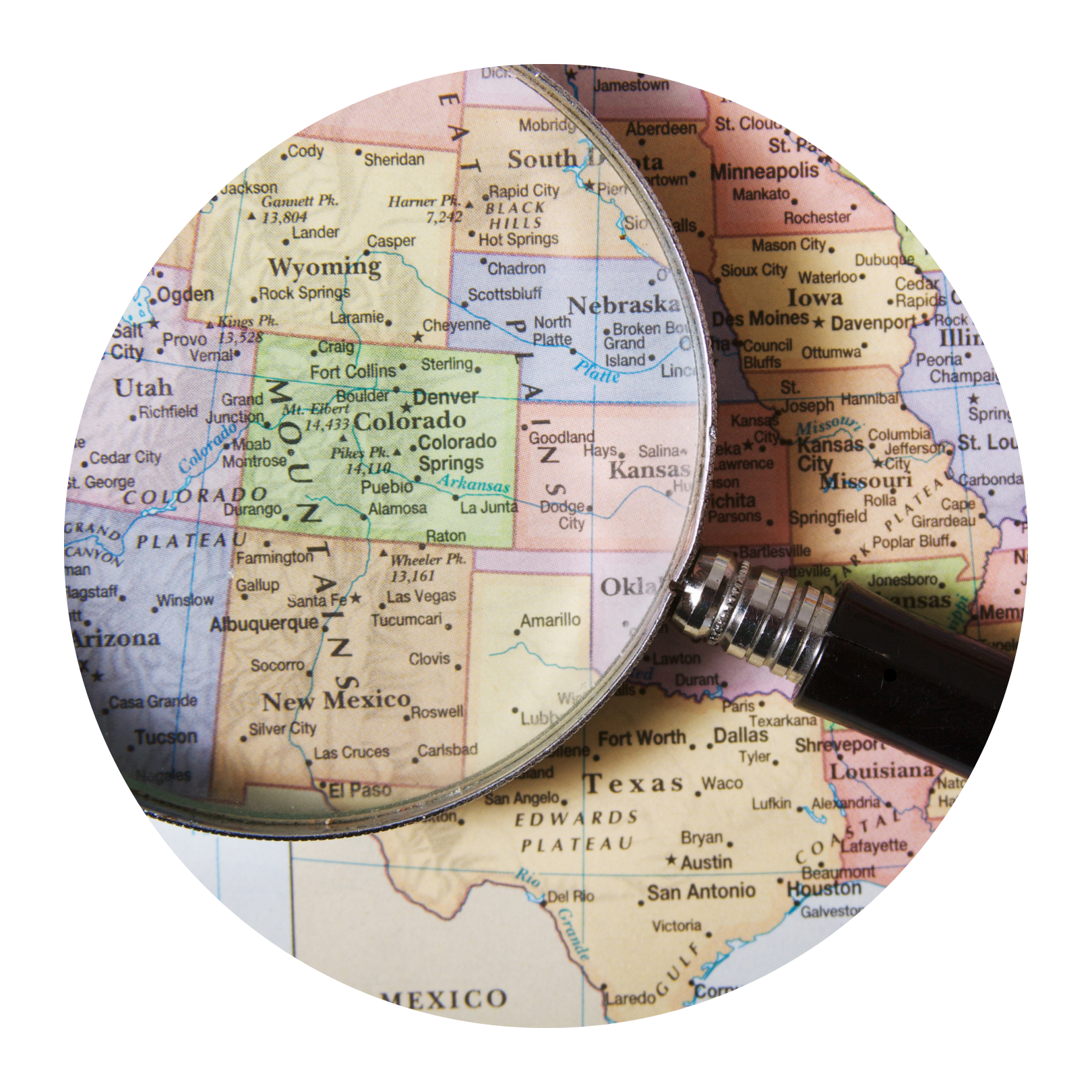 a magnifying glass over a map of the united states focusing in on a single area, representing our ability to pinpoint specific areas of the country for our newspaper clipping services.